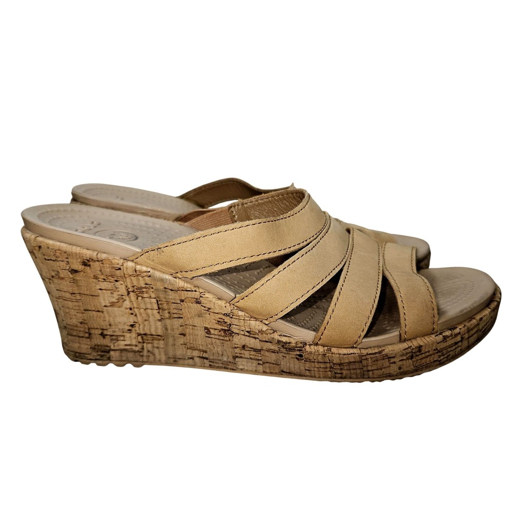 Crocs‎ Sandals Women 8 Beige Strappy Wedge Slide Cork Heel Comfort Shoes Trendy